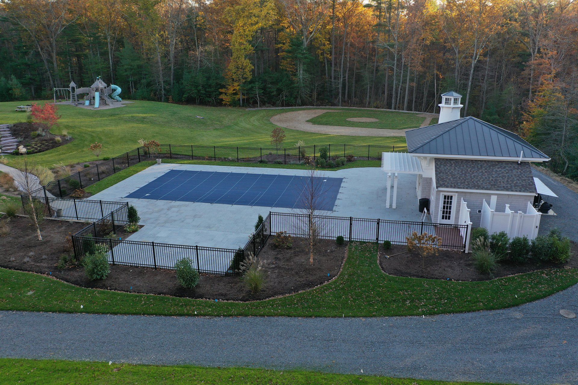 Aerial view of aluminum fence installation